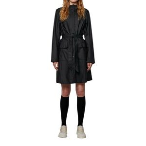Rains Black Curve Jacket Trench Coat Size S/M A-Line Belted Zip Up Waterproof